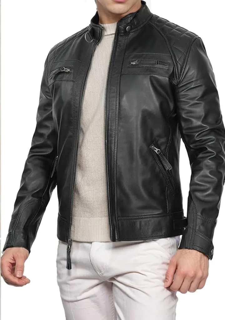 DECIMAL Men's Black Genuine Lambskin Leather Biker Jacket VINTAGE REAL MOTORCYCLE JACKETS FOR MEN