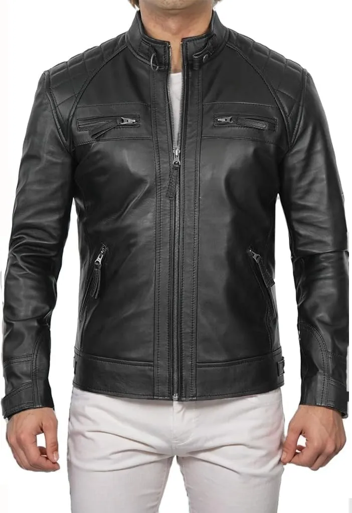 DECIMAL Men's Black Genuine Lambskin Leather Biker Jacket VINTAGE REAL MOTORCYCLE JACKETS FOR MEN