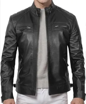 DECIMAL Men's Black Genuine Lambskin Leather Biker Jacket VINTAGE REAL MOTORCYCLE JACKETS FOR MEN