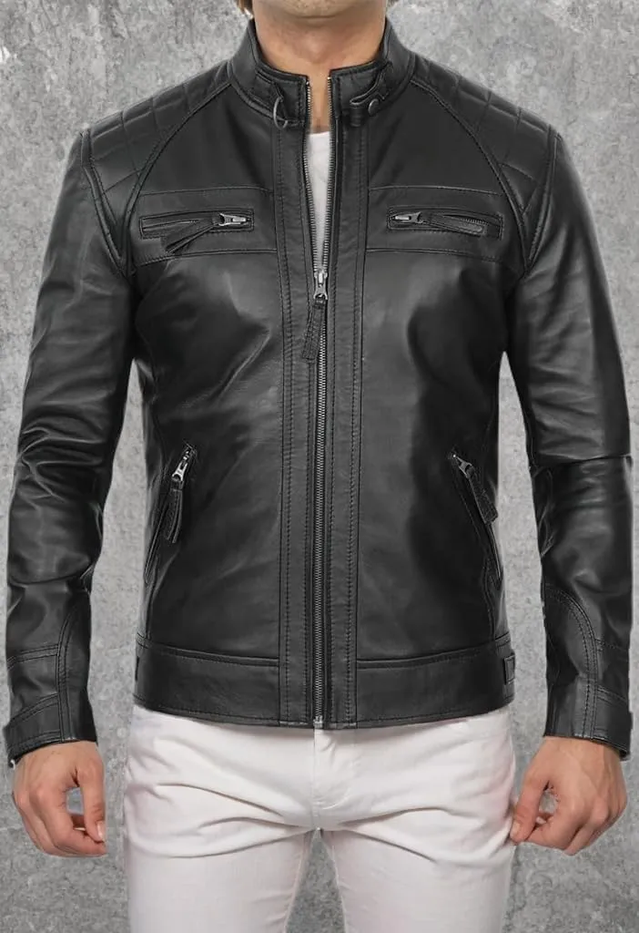 DECIMAL Men's Black Genuine Lambskin Leather Biker Jacket VINTAGE REAL MOTORCYCLE JACKETS FOR MEN