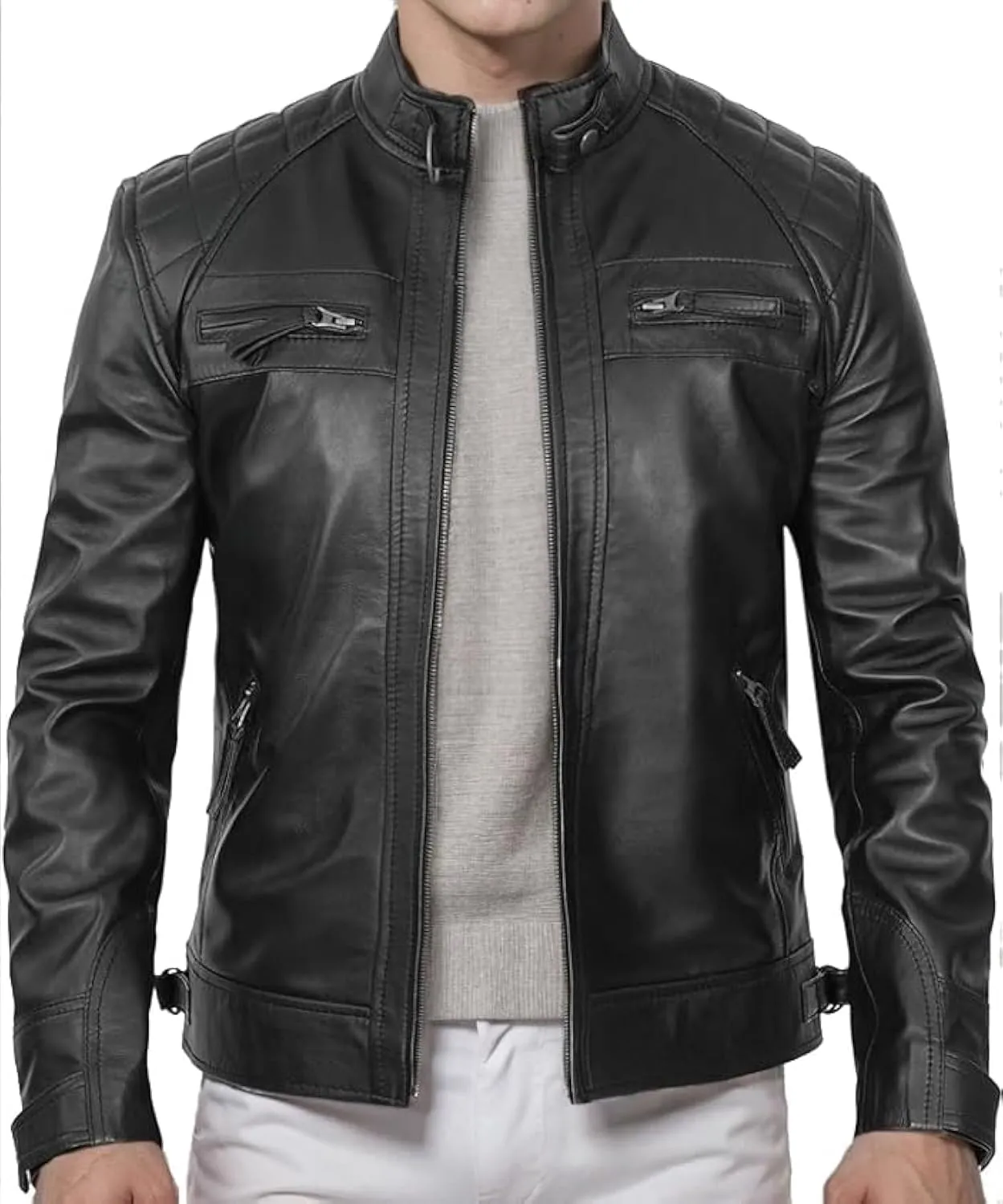 DECIMAL Men's Black Genuine Lambskin Leather Biker Jacket VINTAGE REAL MOTORCYCLE JACKETS FOR MEN