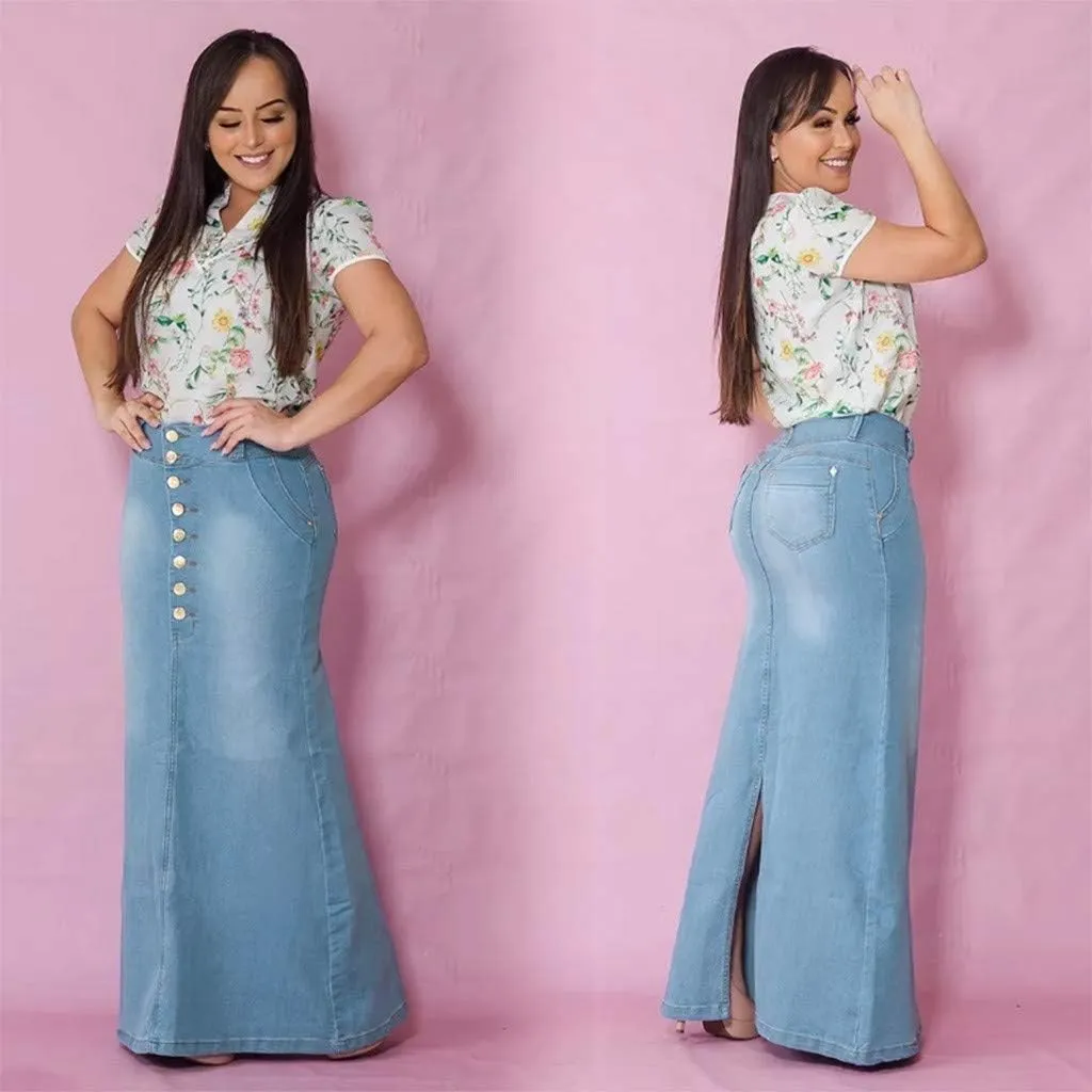 Denim Skirts for Women Stretch Denim Skirt Ladies Pencil Jeans Skirt Bodycon Slimming Long Skirt Knee Length Pencil Skirt