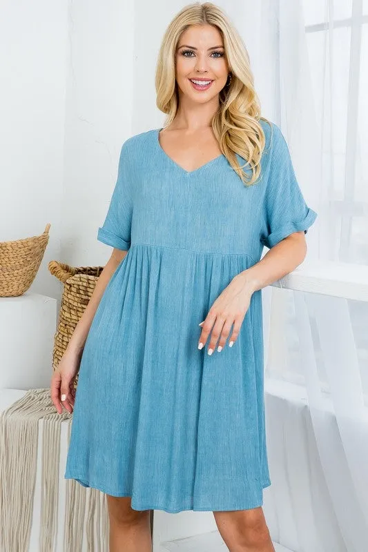 DENIM V-NECK FOLD SLEEVE BABY DOLL DRESS