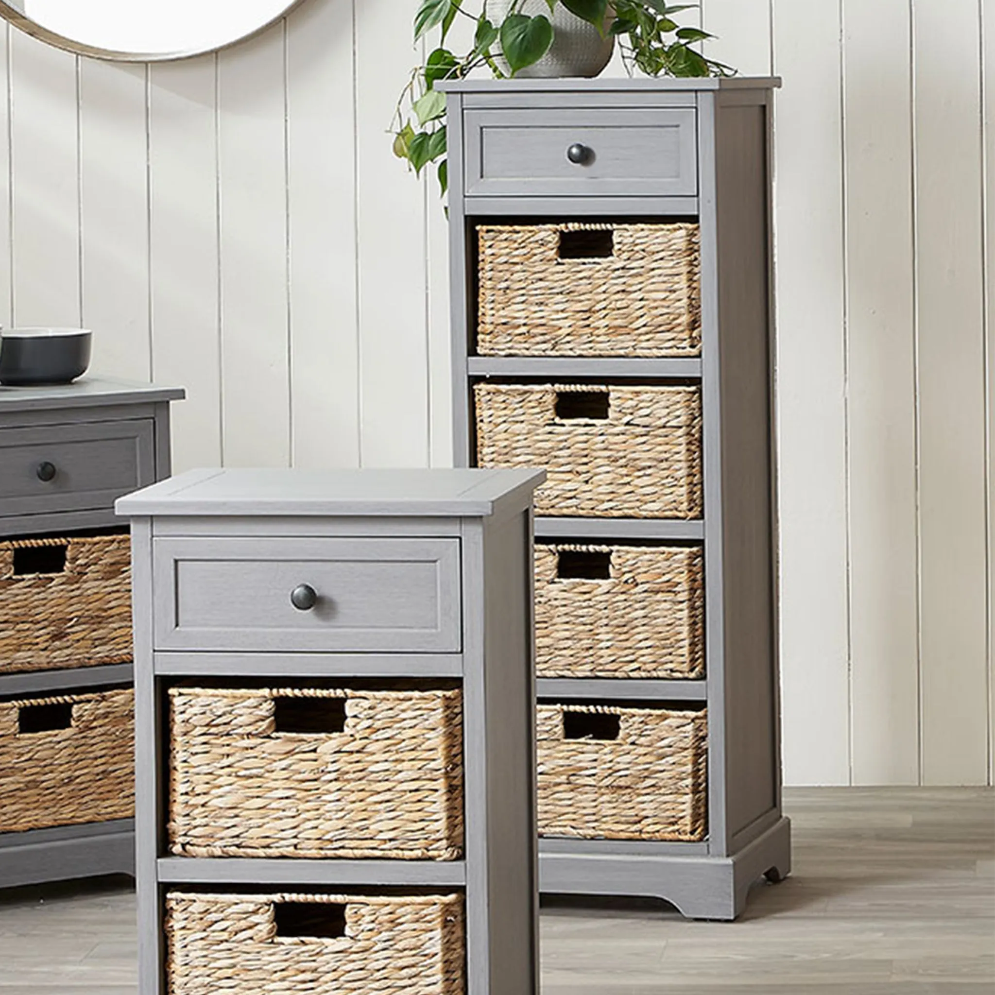 Devonshire Grey Wood 1 Drawer 4 Basket Tall Unit