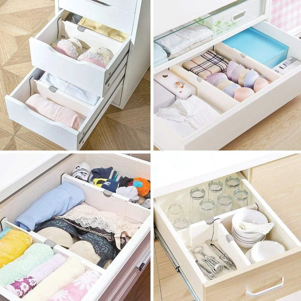 DIOMMELL 4 Pack Adjustable Dresser Drawer dividers Organizers, Plastic Expandable Drawer Organization Separators for Kitchen, Bedroom, Closet, Bathroom and Office Drawers, White