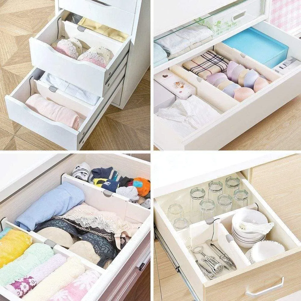 DIOMMELL 4 Pack Adjustable Dresser Drawer dividers Organizers, Plastic Expandable Drawer Organization Separators for Kitchen, Bedroom, Closet, Bathroom and Office Drawers, White
