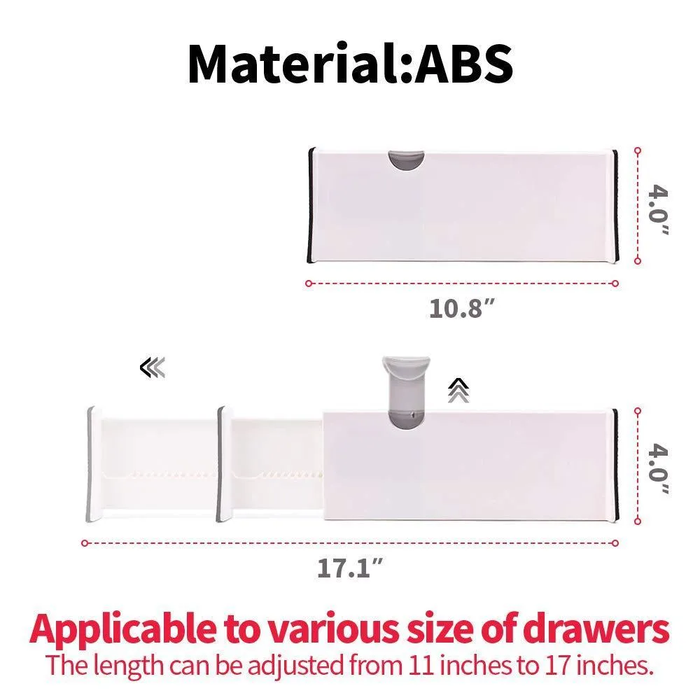 DIOMMELL 4 Pack Adjustable Dresser Drawer dividers Organizers, Plastic Expandable Drawer Organization Separators for Kitchen, Bedroom, Closet, Bathroom and Office Drawers, White