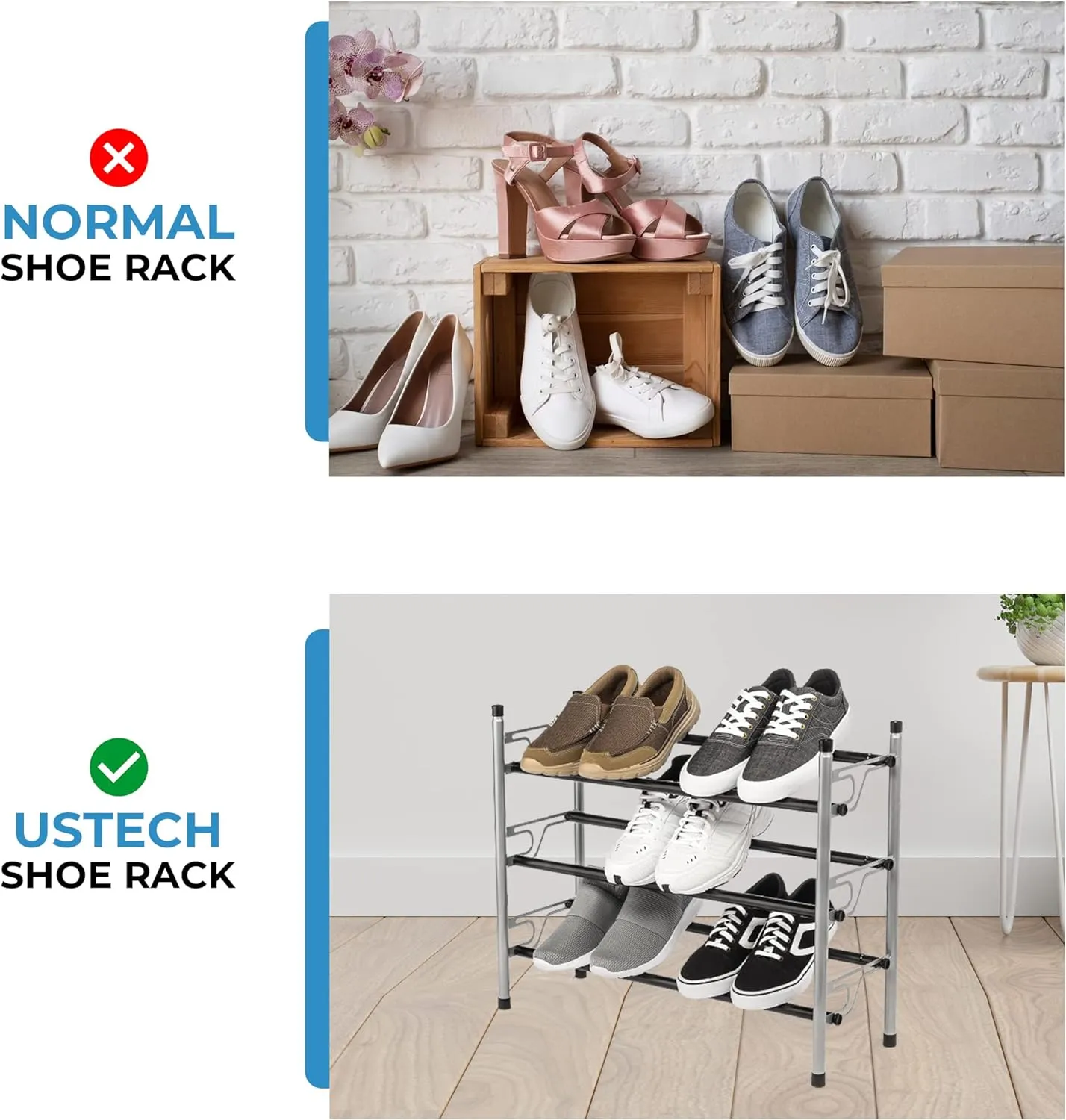 DIY 3-Tier Patented Adjustable Shoe Storage Rack-Portable Metal Shoe Rack with Rubber Feet