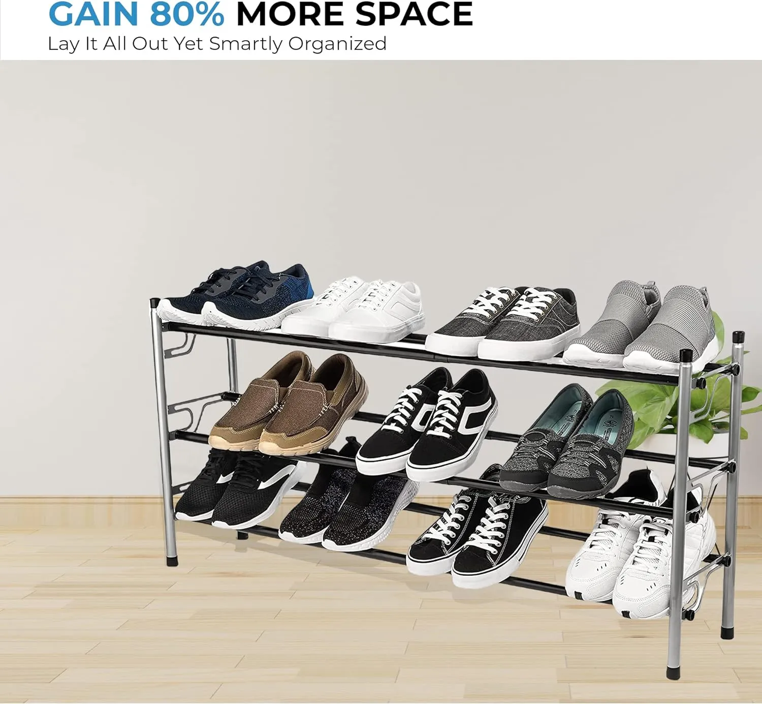DIY 3-Tier Patented Adjustable Shoe Storage Rack-Portable Metal Shoe Rack with Rubber Feet