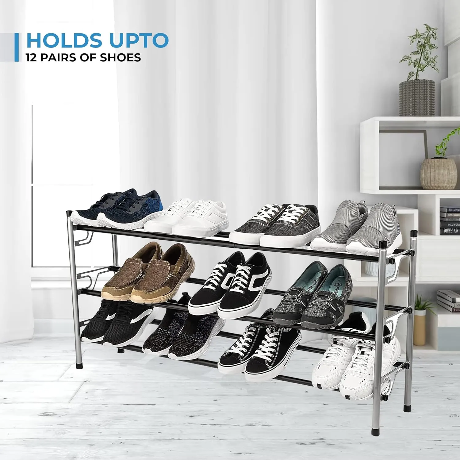 DIY 3-Tier Patented Adjustable Shoe Storage Rack-Portable Metal Shoe Rack with Rubber Feet