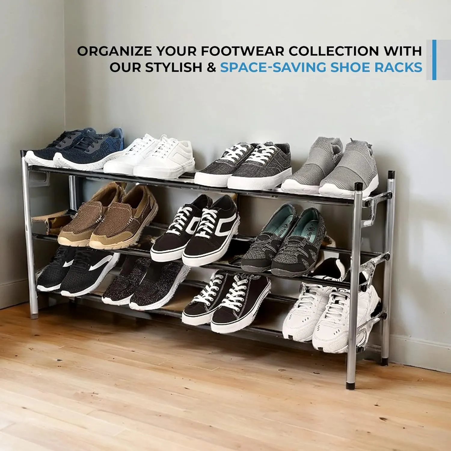 DIY 3-Tier Patented Adjustable Shoe Storage Rack-Portable Metal Shoe Rack with Rubber Feet