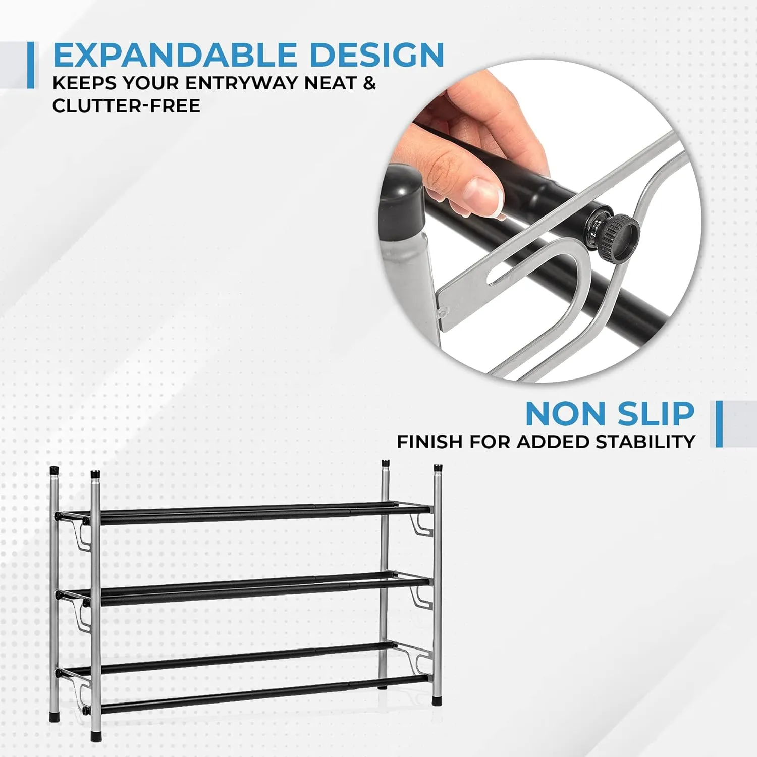 DIY 3-Tier Patented Adjustable Shoe Storage Rack-Portable Metal Shoe Rack with Rubber Feet