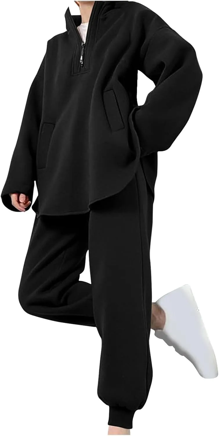 DOLKFU Womens 2 Piece Outfits Half Zip Oversized Pullover Sweatsuit with Pockets High Waist Sweatpants Tacksuit