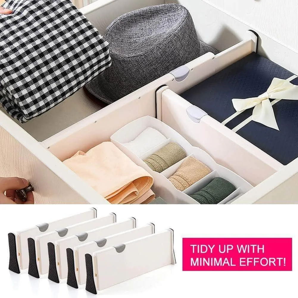 Drawer Dividers Organizer 5 Pack, Adjustable Separators 4" High Expandable from 11-17" for Bedroom, Bathroom, Closet,Clothing, Office, Kitchen Storage, Strong Secure Hold, Foam Ends, Locks in Place
