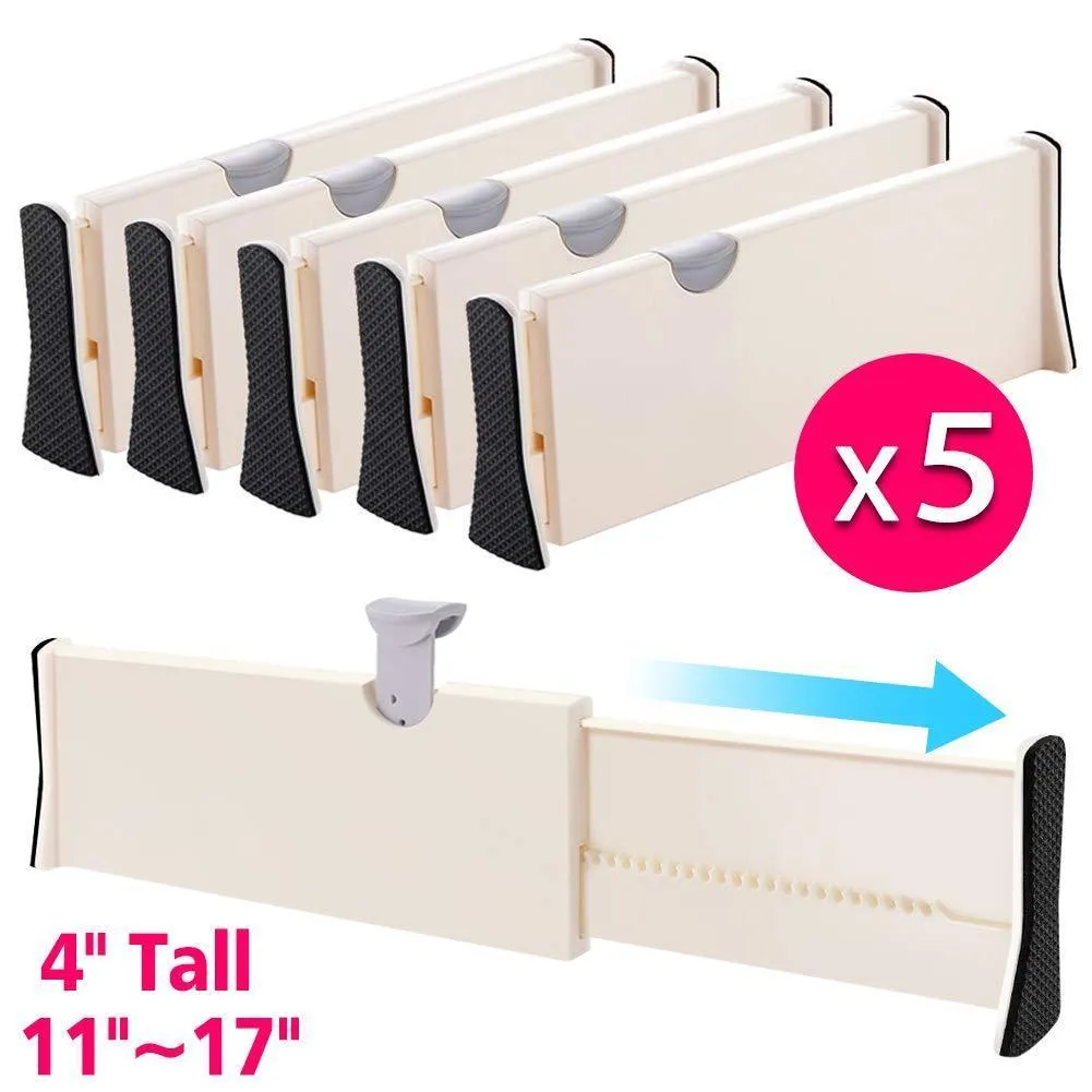 Drawer Dividers Organizer 5 Pack, Adjustable Separators 4" High Expandable from 11-17" for Bedroom, Bathroom, Closet,Clothing, Office, Kitchen Storage, Strong Secure Hold, Foam Ends, Locks in Place