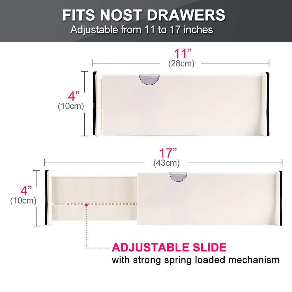 Drawer Dividers Organizer 5 Pack, Adjustable Separators 4" High Expandable from 11-17" for Bedroom, Bathroom, Closet,Clothing, Office, Kitchen Storage, Strong Secure Hold, Foam Ends, Locks in Place