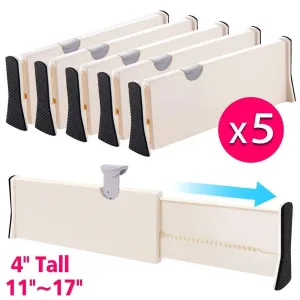 Drawer Dividers Organizer 5 Pack, Adjustable Separators 4" High Expandable from 11-17" for Bedroom, Bathroom, Closet,Clothing, Office, Kitchen Storage, Strong Secure Hold, Foam Ends, Locks in Place