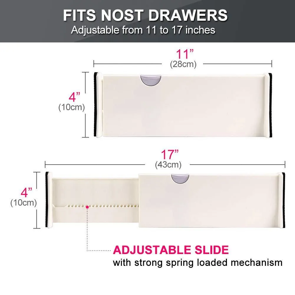 Drawer Dividers Organizer 5 Pack, Adjustable Separators 4" High Expandable from 11-17" for Bedroom, Bathroom, Closet,Clothing, Office, Kitchen Storage, Strong Secure Hold, Foam Ends, Locks in Place