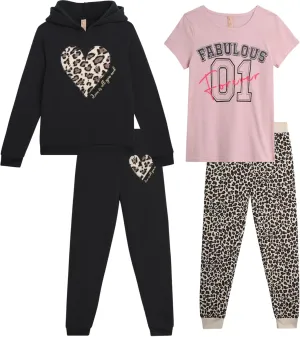 Dreamstar Girls' Activewear Set - 4 Piece Cozy Fleece Hoodie, Short Sleeve T-shirt and Jogger Pants Set for Girls (7-16)