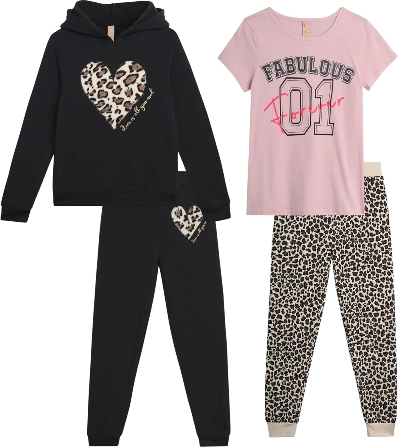 Dreamstar Girls' Activewear Set - 4 Piece Cozy Fleece Hoodie, Short Sleeve T-shirt and Jogger Pants Set for Girls (7-16)