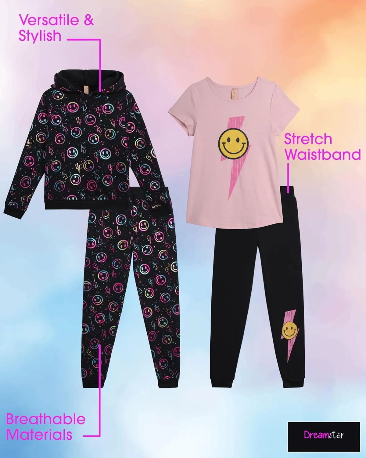 Dreamstar Girls' Activewear Set - 4 Piece Cozy Fleece Hoodie, Short Sleeve T-shirt and Jogger Pants Set for Girls (7-16)