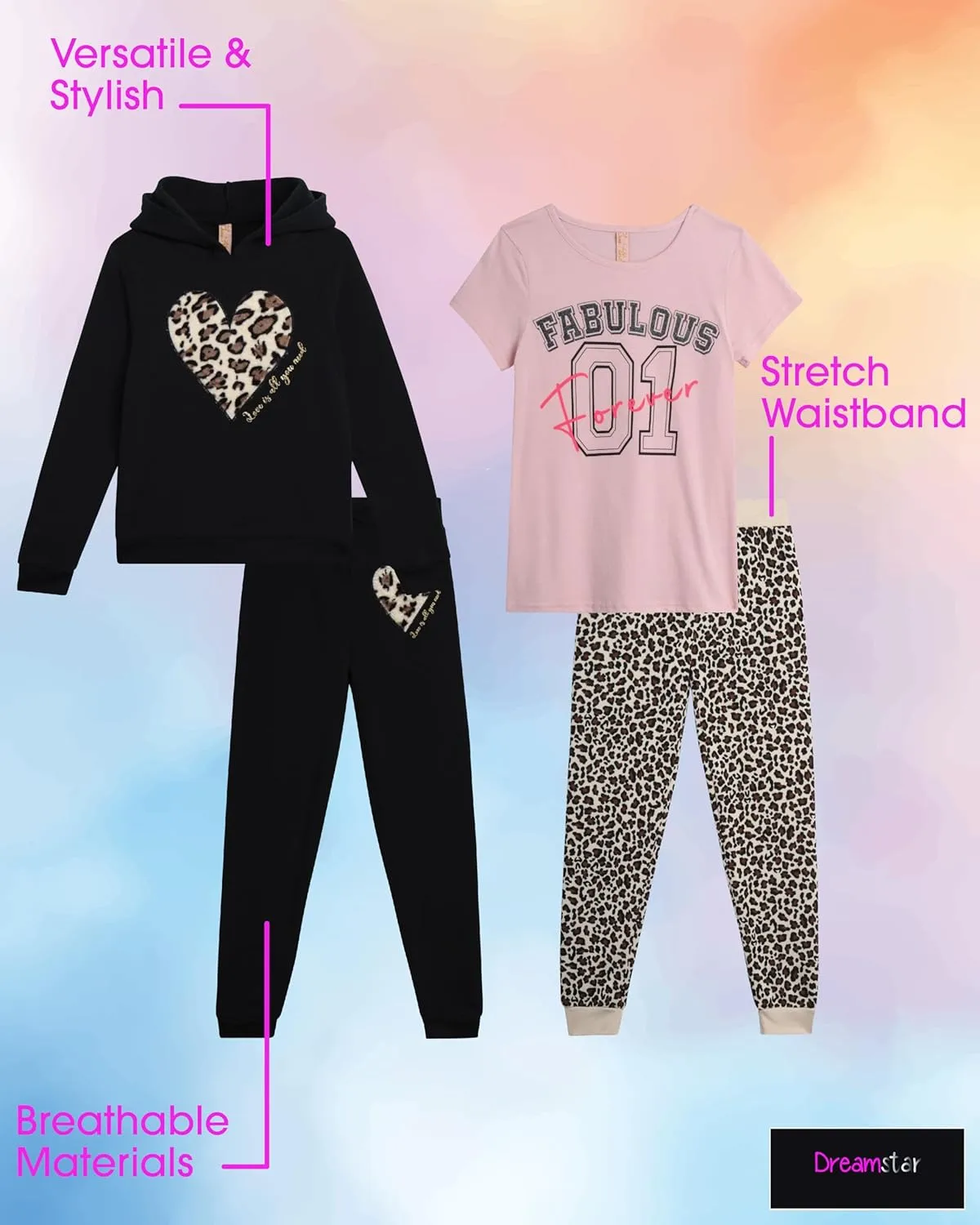 Dreamstar Girls' Activewear Set - 4 Piece Cozy Fleece Hoodie, Short Sleeve T-shirt and Jogger Pants Set for Girls (7-16)