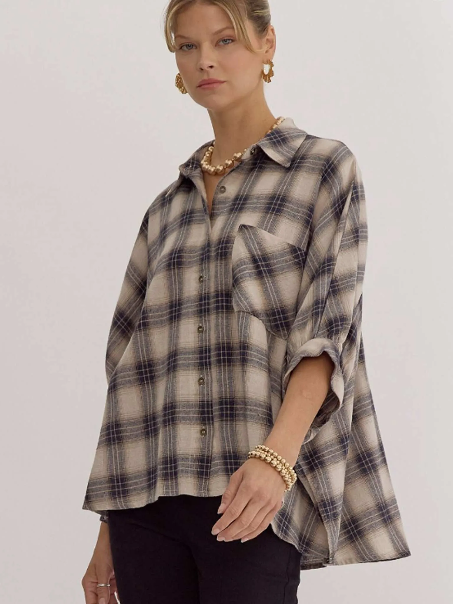 Effortless Oversized Plaid Button-Down Top