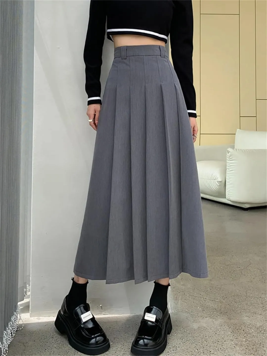Elegant Women's Pleated Polyester A-Line Midi Skirt for Autumn Office Wear