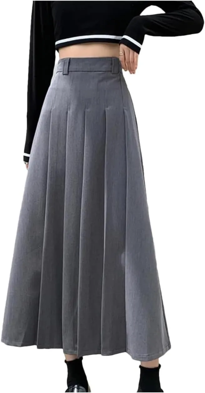 Elegant Women's Pleated Polyester A-Line Midi Skirt for Autumn Office Wear