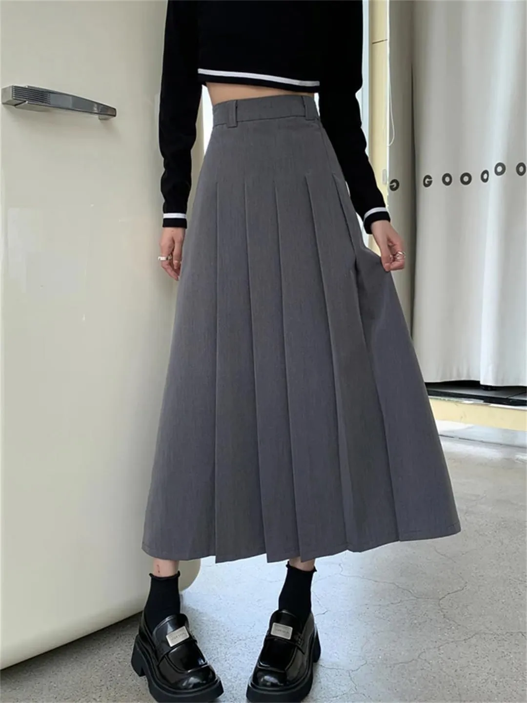 Elegant Women's Pleated Polyester A-Line Midi Skirt for Autumn Office Wear