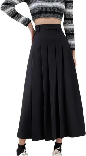 Elegant Women's Pleated Polyester A-Line Midi Skirt for Autumn Office Wear