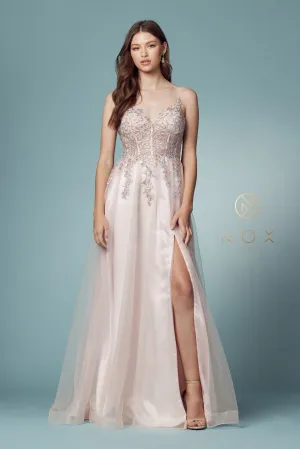 Embroidered Bodice Open Back High Slit Long Prom Dress NXS1015