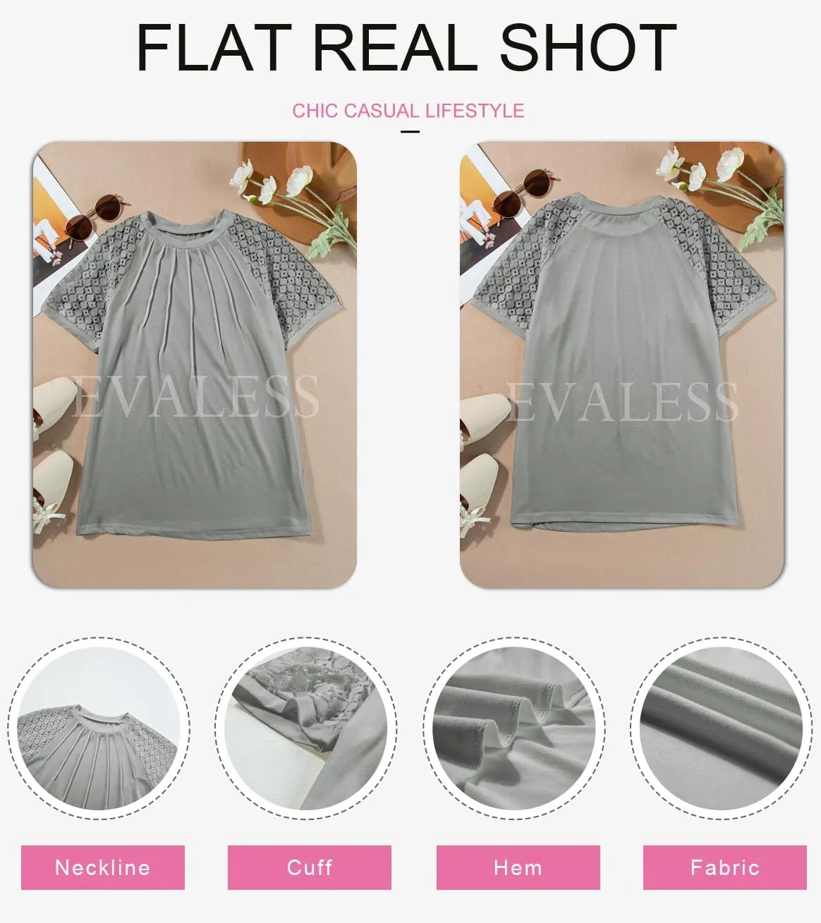 EVALESS Womens Fashion Tops Crewneck Sexy Patchwork Lace Short Sleeve Tee Shirts Casual Knitted Blouses