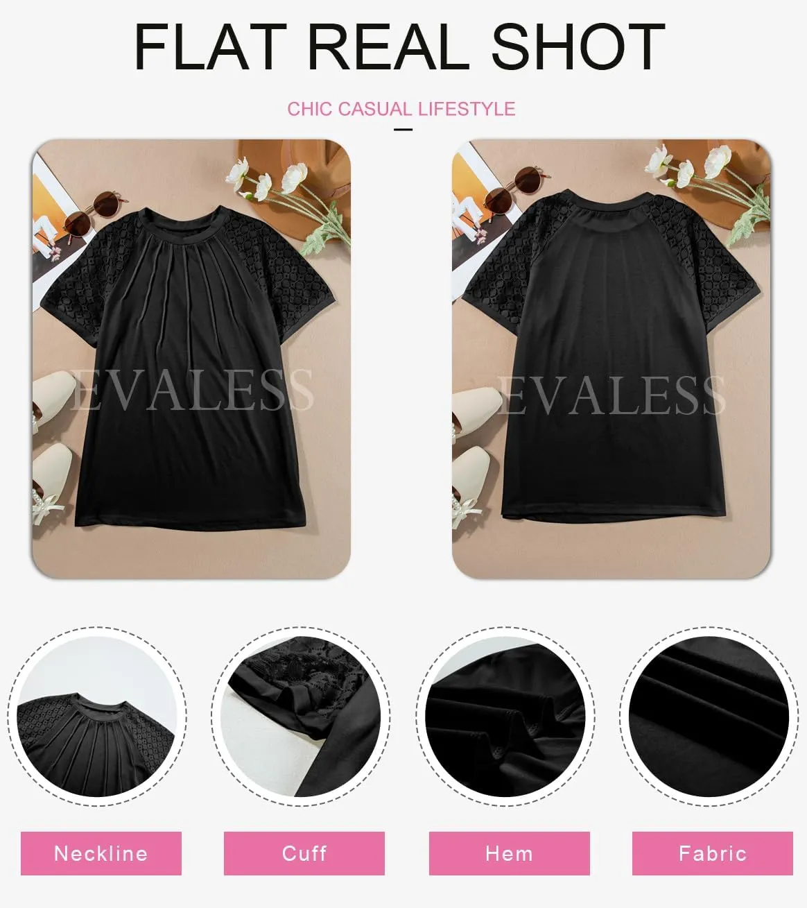 EVALESS Womens Fashion Tops Crewneck Sexy Patchwork Lace Short Sleeve Tee Shirts Casual Knitted Blouses