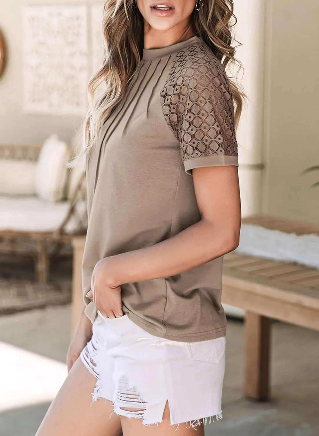 EVALESS Womens Fashion Tops Crewneck Sexy Patchwork Lace Short Sleeve Tee Shirts Casual Knitted Blouses
