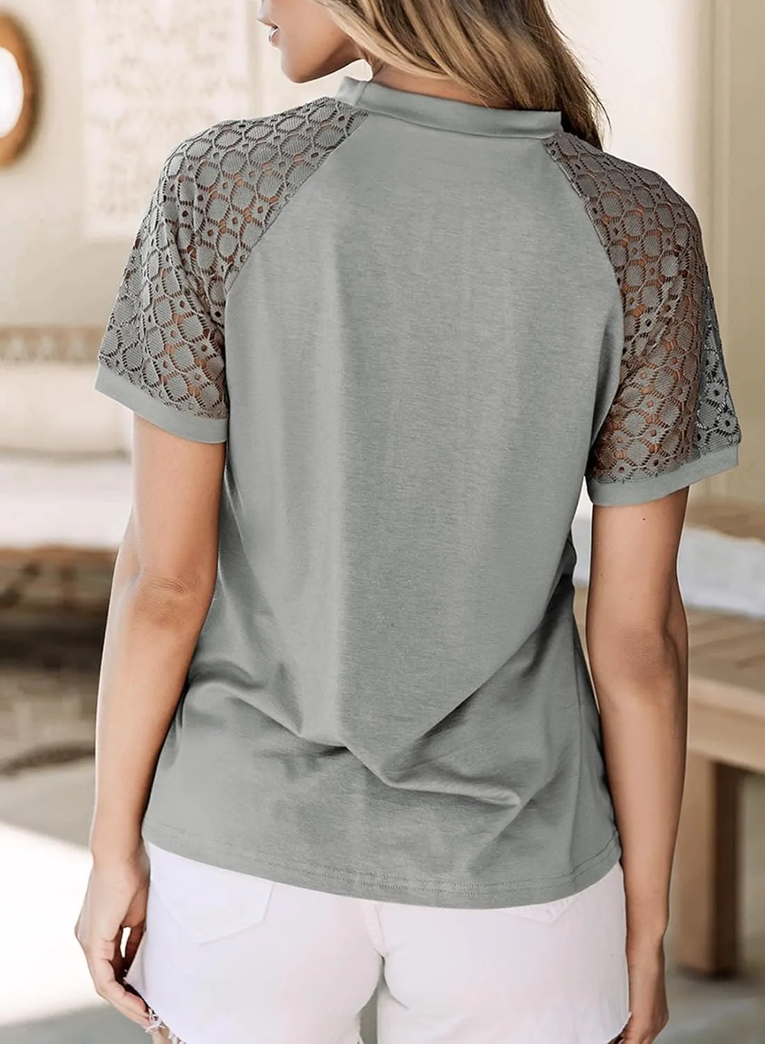 EVALESS Womens Fashion Tops Crewneck Sexy Patchwork Lace Short Sleeve Tee Shirts Casual Knitted Blouses