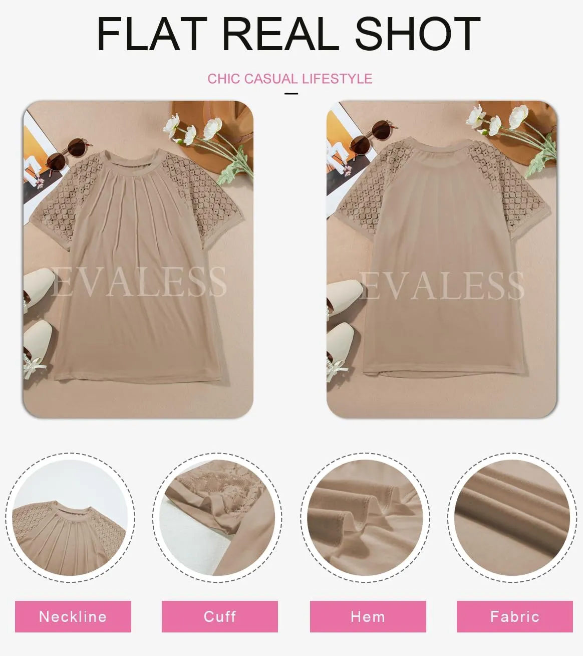 EVALESS Womens Fashion Tops Crewneck Sexy Patchwork Lace Short Sleeve Tee Shirts Casual Knitted Blouses