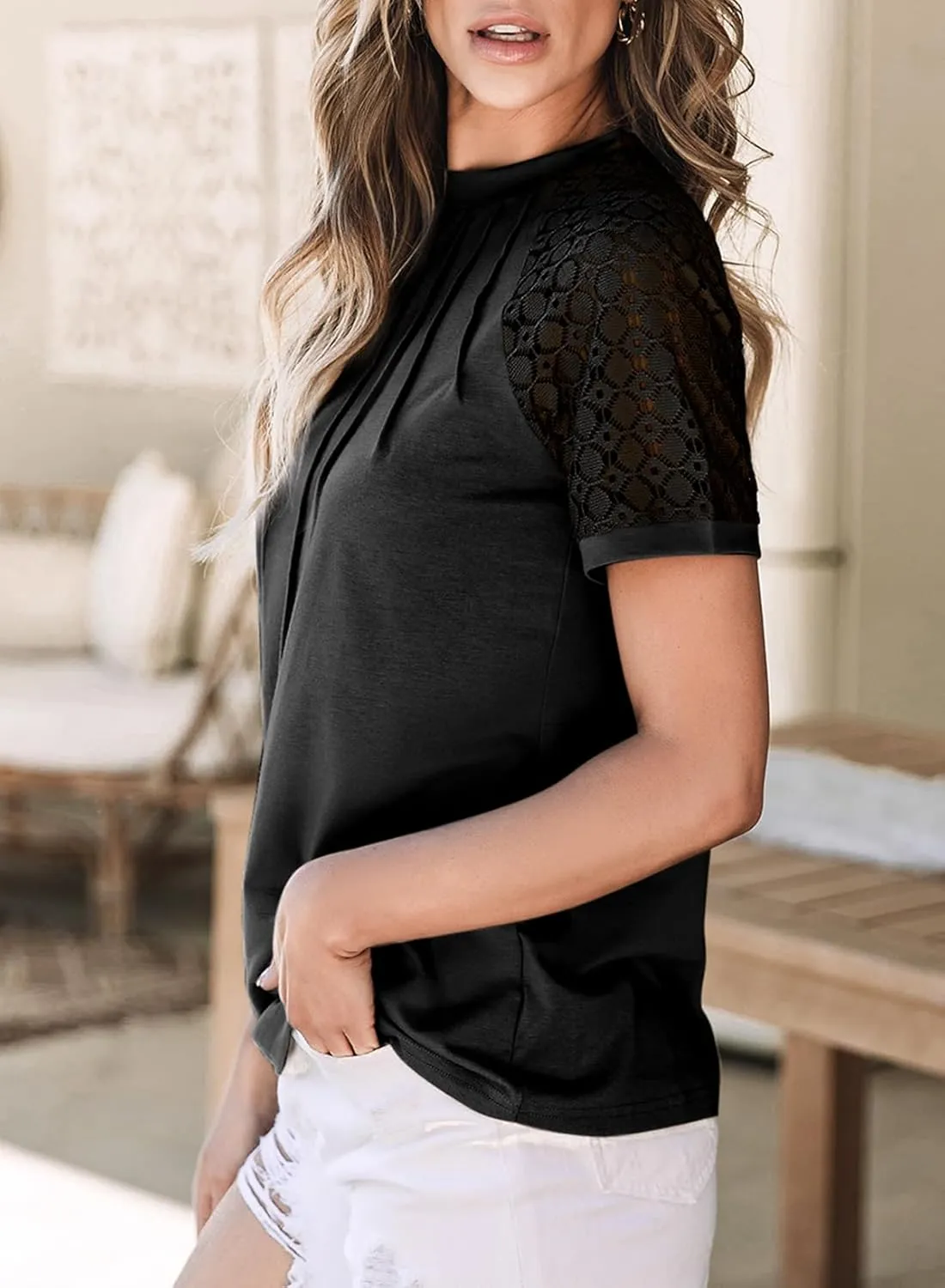 EVALESS Womens Fashion Tops Crewneck Sexy Patchwork Lace Short Sleeve Tee Shirts Casual Knitted Blouses