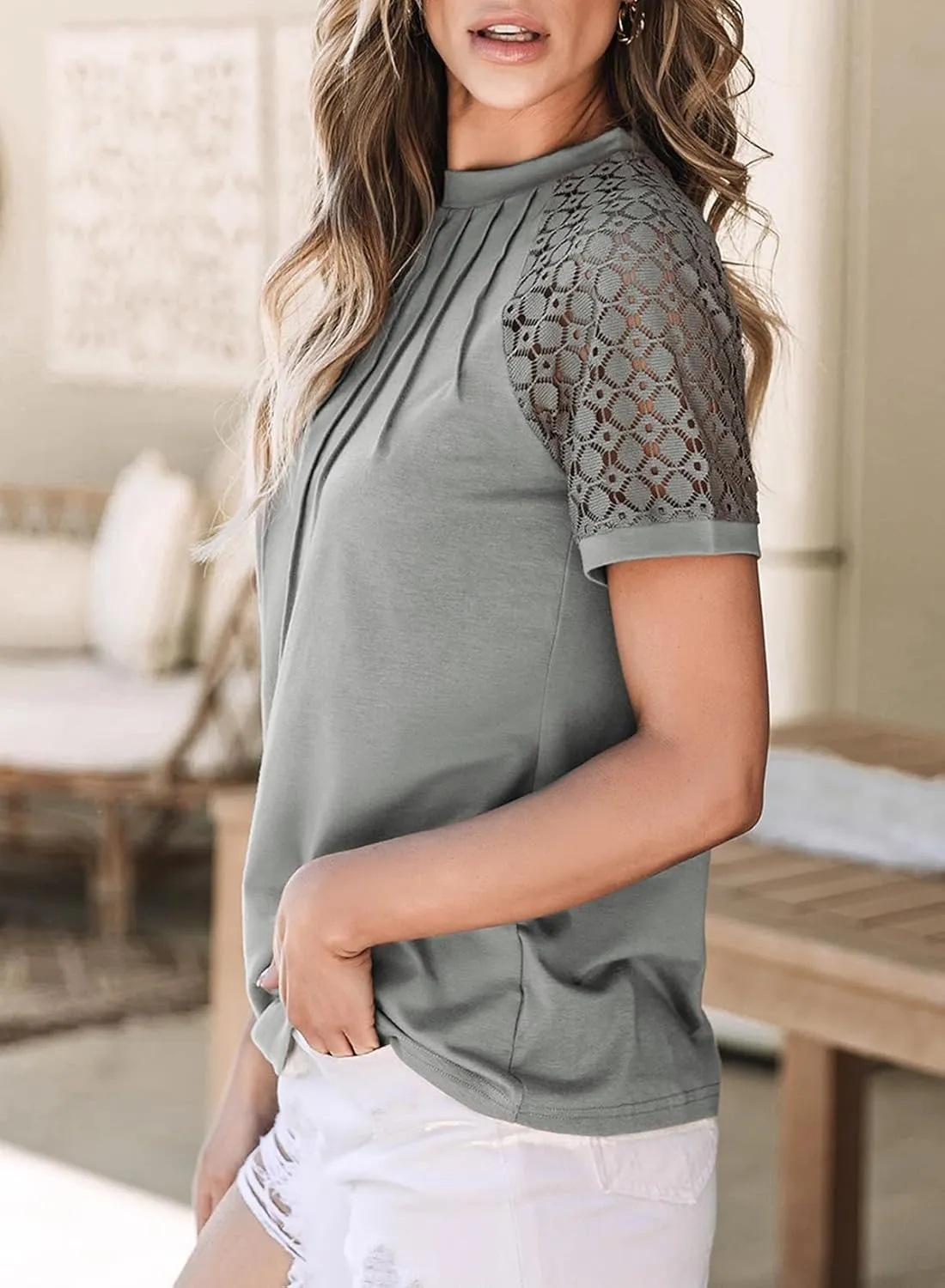 EVALESS Womens Fashion Tops Crewneck Sexy Patchwork Lace Short Sleeve Tee Shirts Casual Knitted Blouses