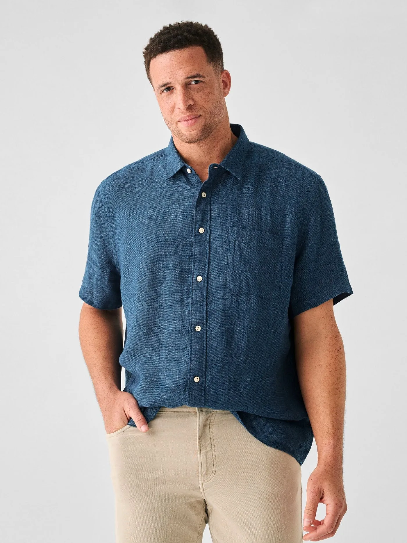 Faherty Short Sleeve Linen Laguna Shirt in Indigo Basketweave