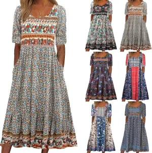 Floral Maxi Dress for Women 2025 - Romantic V-Neck A-Line Beach Wedding Guest Dress with Pockets, Sizes S-5XL