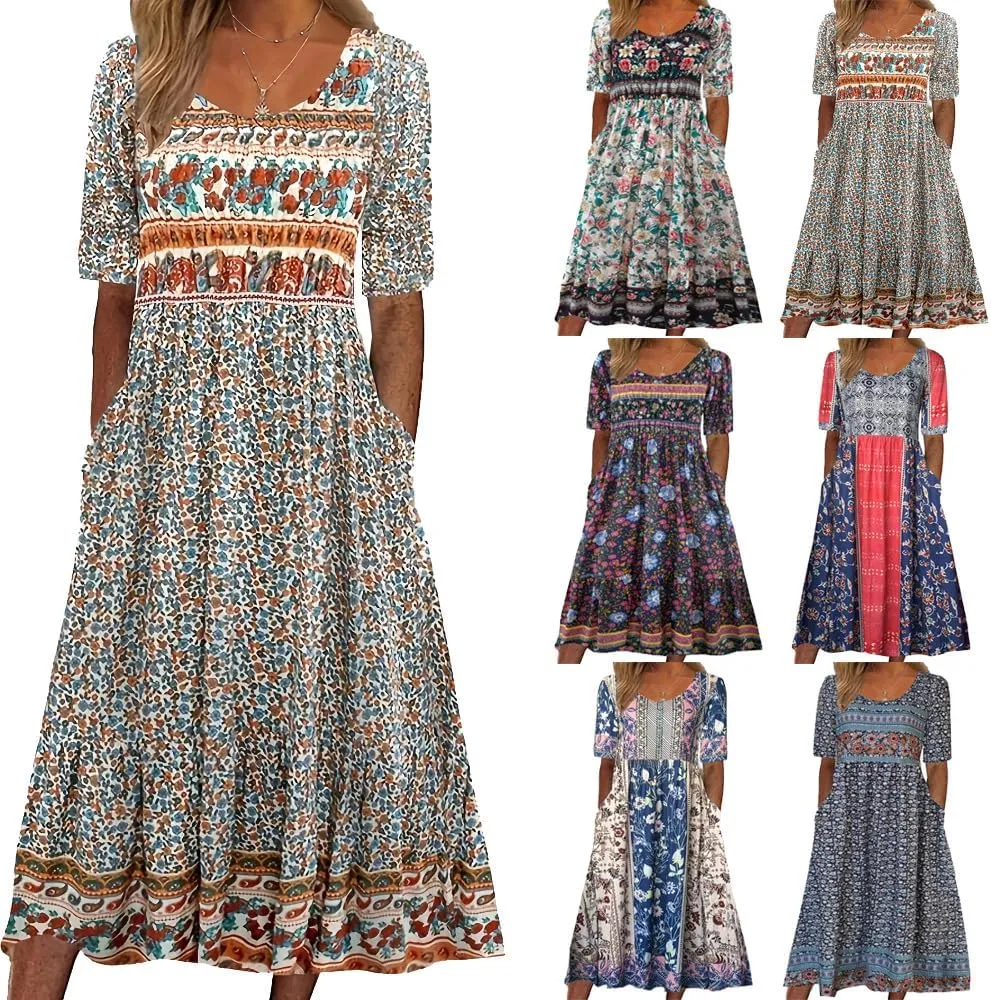 Floral Maxi Dress for Women 2025 - Romantic V-Neck A-Line Beach Wedding Guest Dress with Pockets, Sizes S-5XL
