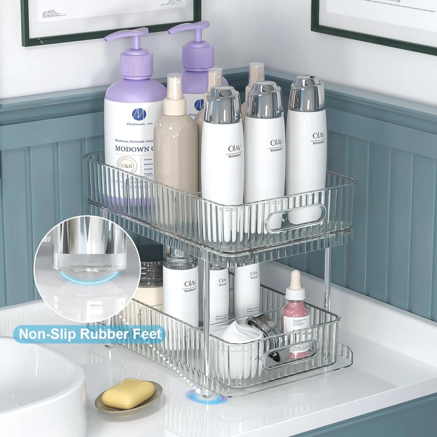 Fowooyeen Bathroom Cabinet Organizer, 2 Tier Pull Out Clear Under Sink Organizers and Storage, Multi-Purpose Kitchen Pantry Medicine Organization and Storage Shelves Bins with Movable Dividers