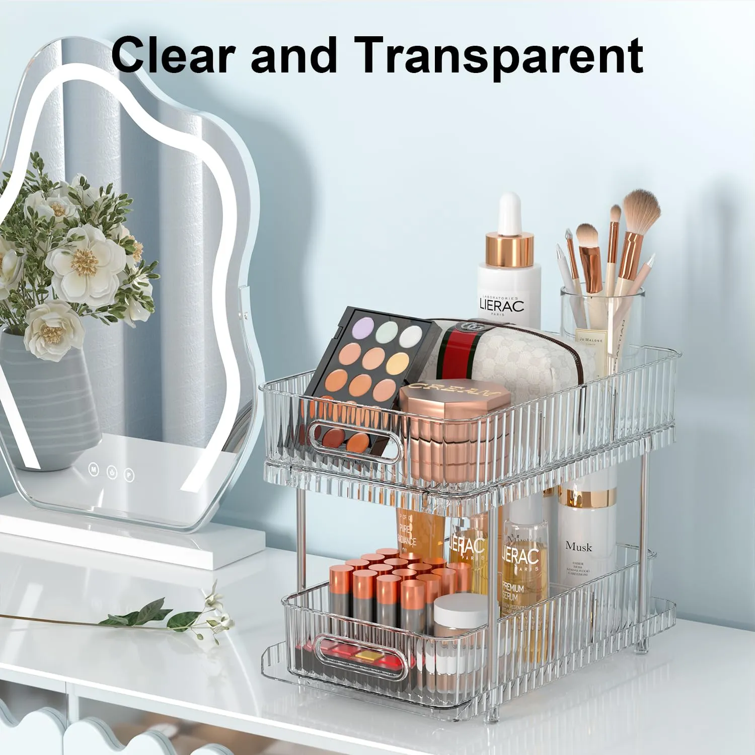 Fowooyeen Bathroom Cabinet Organizer, 2 Tier Pull Out Clear Under Sink Organizers and Storage, Multi-Purpose Kitchen Pantry Medicine Organization and Storage Shelves Bins with Movable Dividers