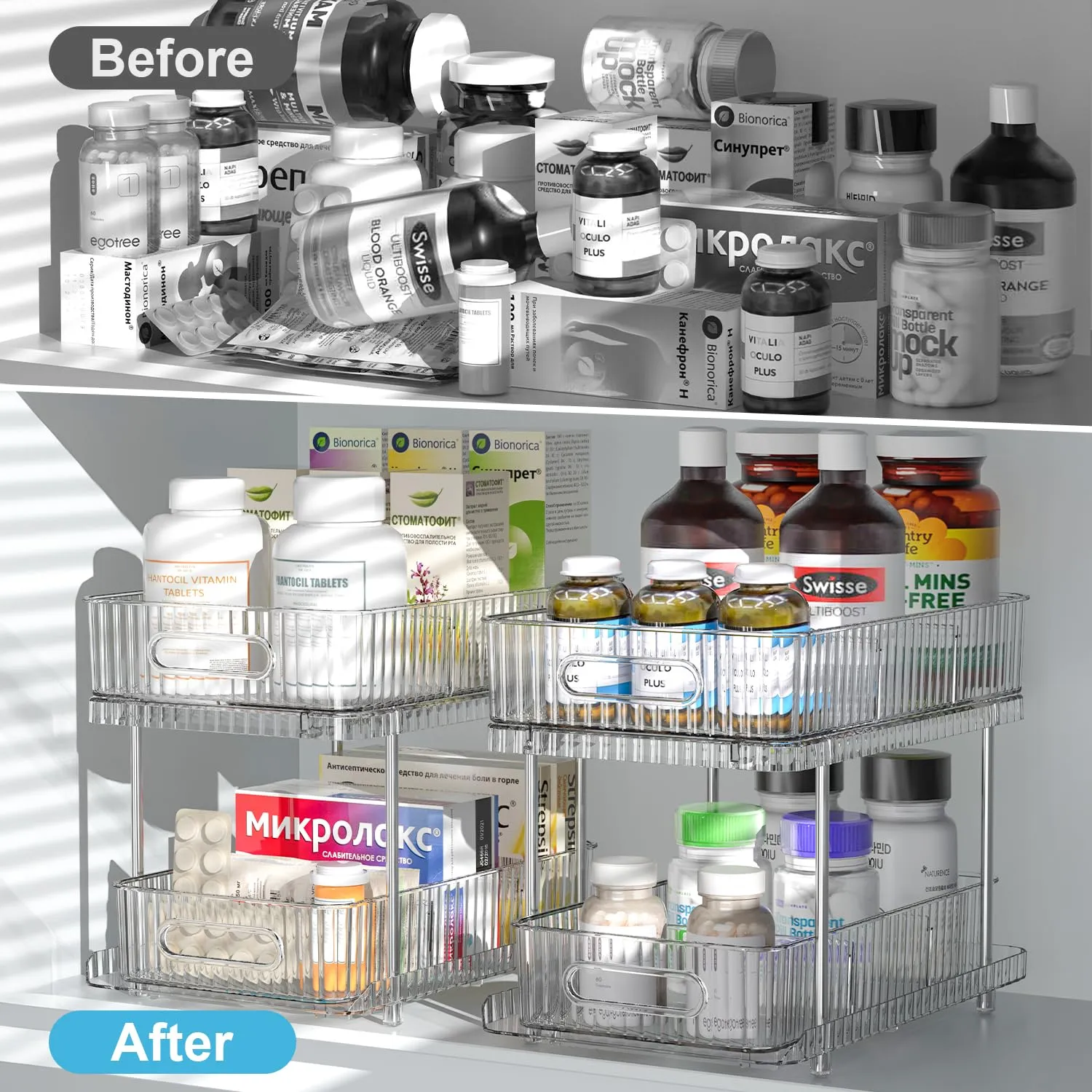 Fowooyeen Bathroom Cabinet Organizer, 2 Tier Pull Out Clear Under Sink Organizers and Storage, Multi-Purpose Kitchen Pantry Medicine Organization and Storage Shelves Bins with Movable Dividers