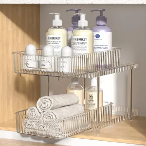 Fowooyeen Bathroom Cabinet Organizer, 2 Tier Pull Out Clear Under Sink Organizers and Storage, Multi-Purpose Kitchen Pantry Medicine Organization and Storage Shelves Bins with Movable Dividers