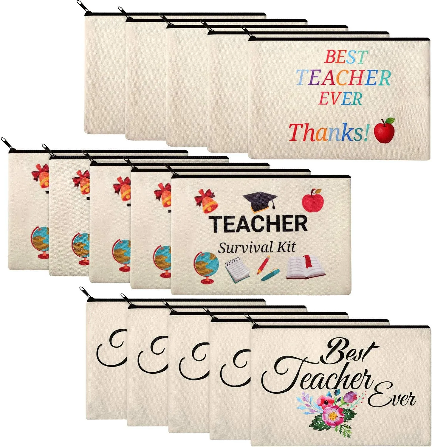 Frienda 15 Pieces Teacher Makeup Bag Canvas Cosmetic Bag Teacher Bag Travel Toiletry Pouch Teacher Appreciation Gift Bags with Zipper, 3 Styles