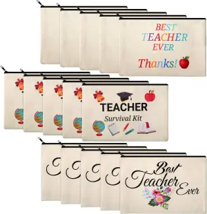 Frienda 15 Pieces Teacher Makeup Bag Canvas Cosmetic Bag Teacher Bag Travel Toiletry Pouch Teacher Appreciation Gift Bags with Zipper, 3 Styles