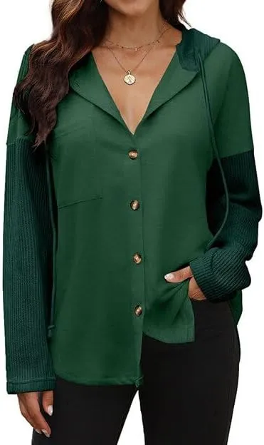 Fronage Women's Hoodie Colorblock Striped Oversized Sweatshirts Casual Loose Button V Neck Long Sleeve Knit Fall Clothes