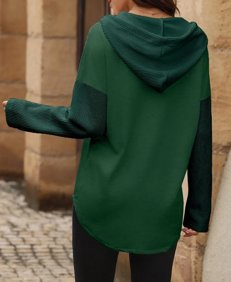 Fronage Women's Hoodie Colorblock Striped Oversized Sweatshirts Casual Loose Button V Neck Long Sleeve Knit Fall Clothes